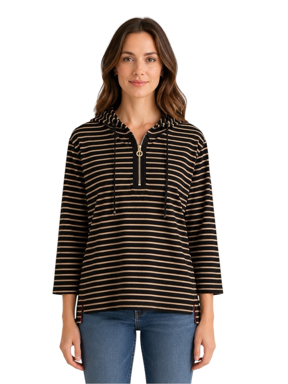 Jones New York Signature Black Tan Striped Hoodie Size Large